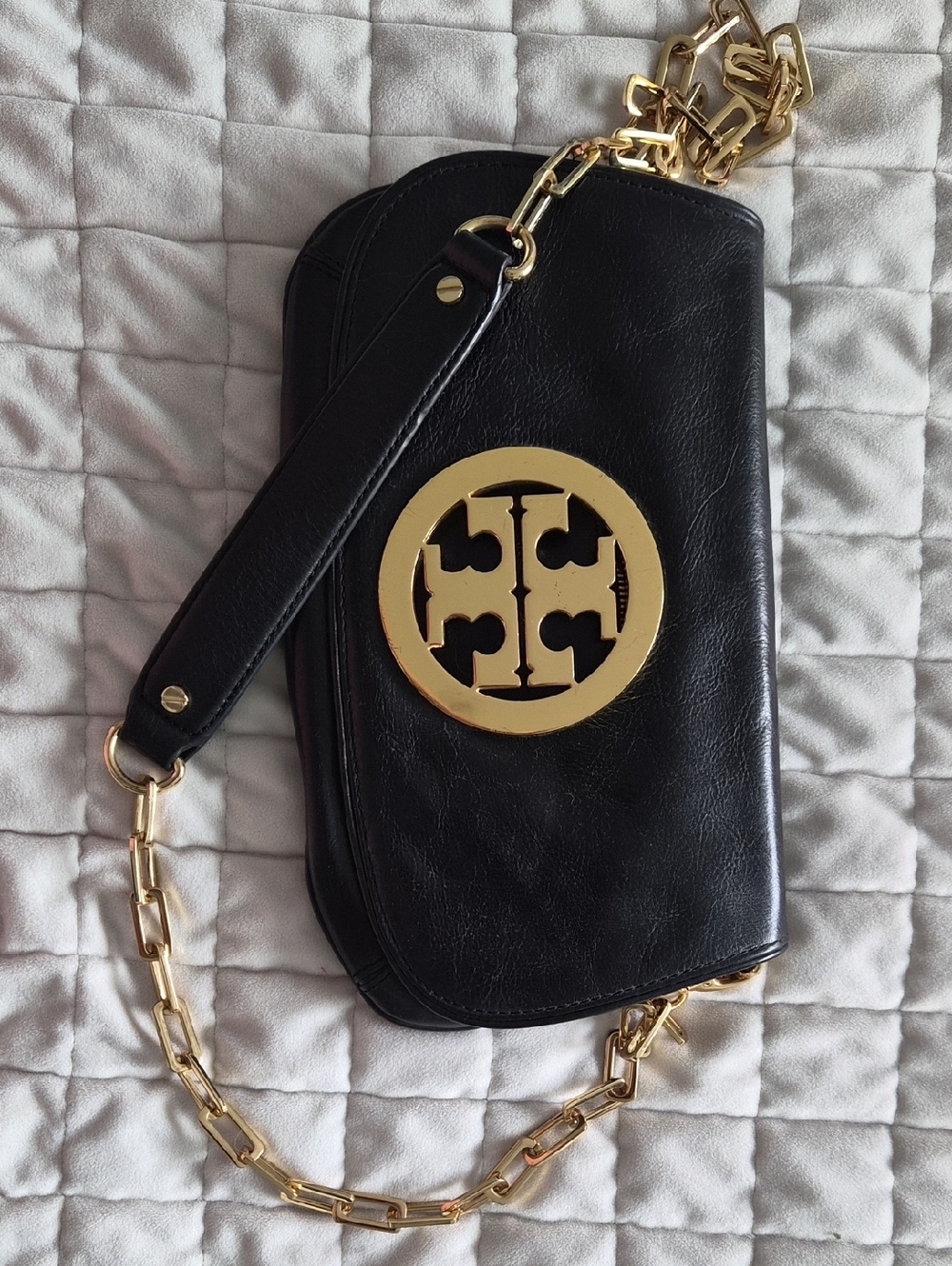 Tory Burch Black Leather Shoulder Clutch with Gold Emblem